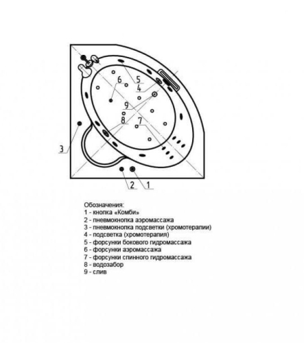 Ванна Aquatek Калипсо пневматическое управление 146*146 гидромассажная фото 5