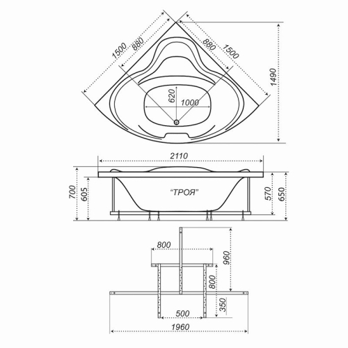 Ванна акриловая Triton Троя 150*150 + каркас фото 6