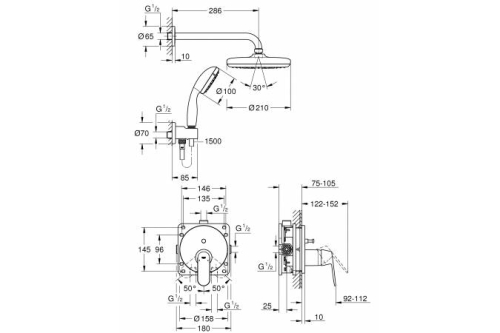 Душевая система скрытого монтажа Grohe Eurosmart Cosmopolitan Tempesta 210, хром, (25219001) фото 2