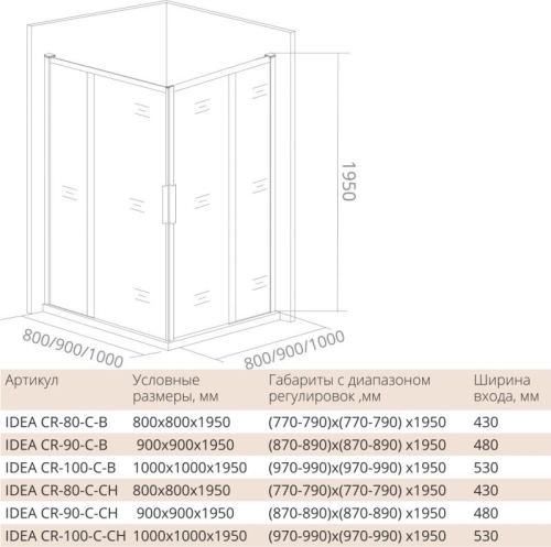 Душевое ограждение BAS IDEA CR 80*80, 90*90, 100*100 хром/чёрный фото 2
