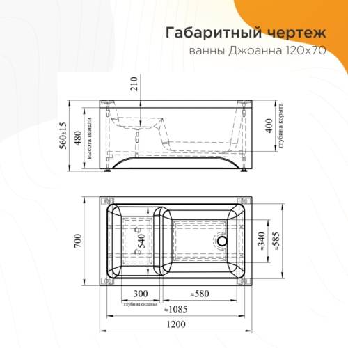 Ванна акриловая Radomir Джоанна 120*70 + каркас фото 5